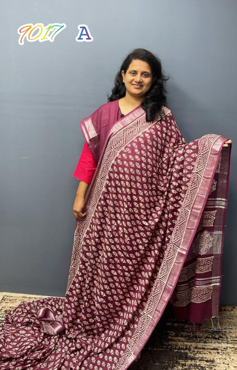 Saree Linen cotton with Block prints 9017