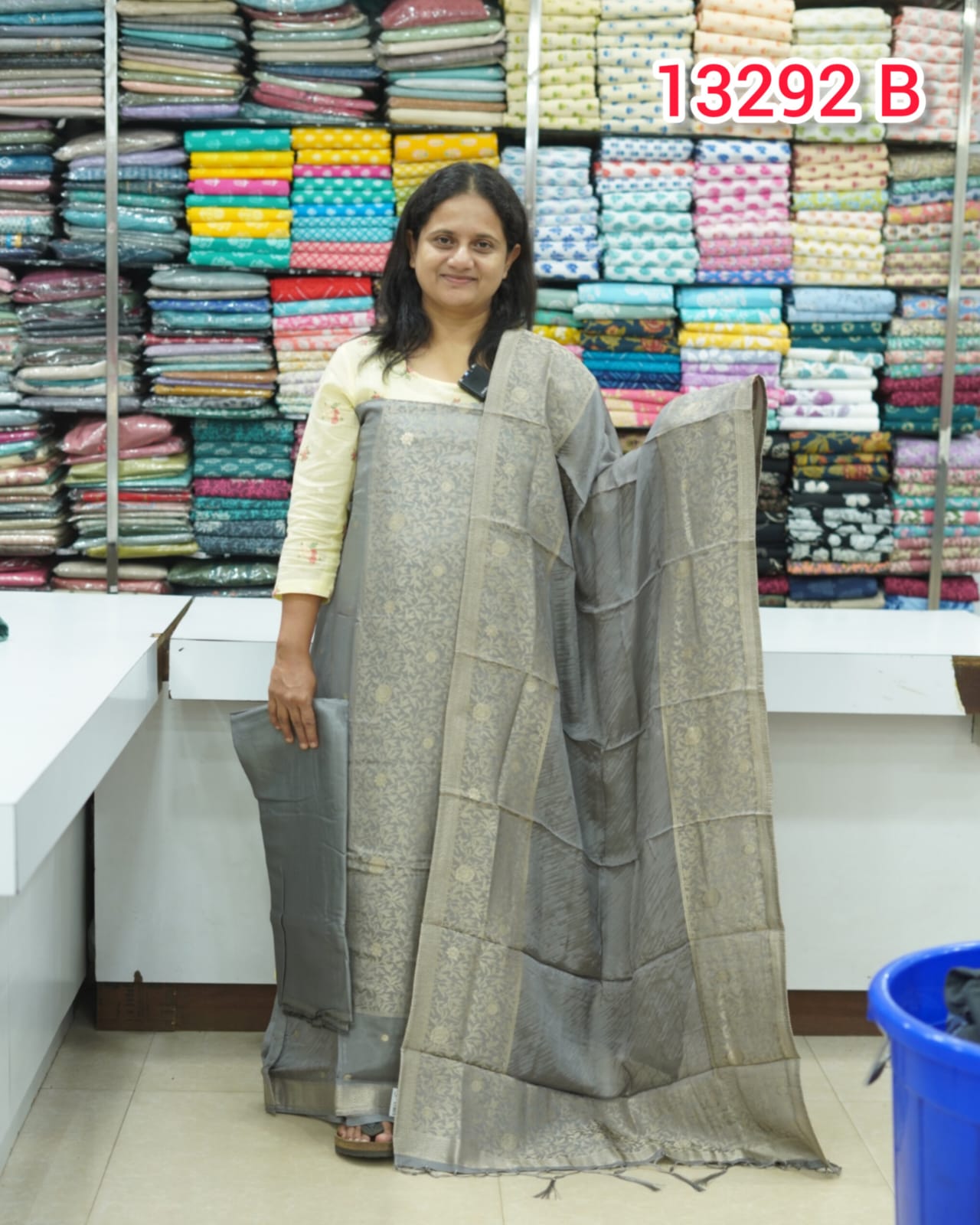 semi silk fabric and banaras weaving unstitched salwar set 13292