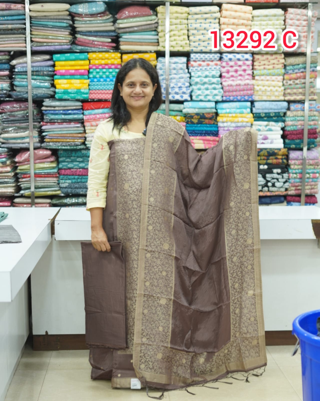 semi silk fabric and banaras weaving unstitched salwar set 13292