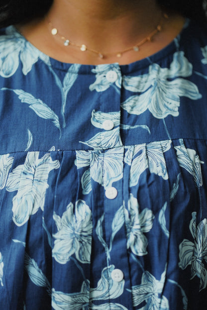 Pure Cotton Floral Elegance Blue Short Top   (code: D1008)