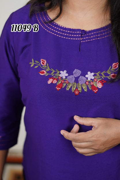 Cotton silk embroidery kurthi collection 11049