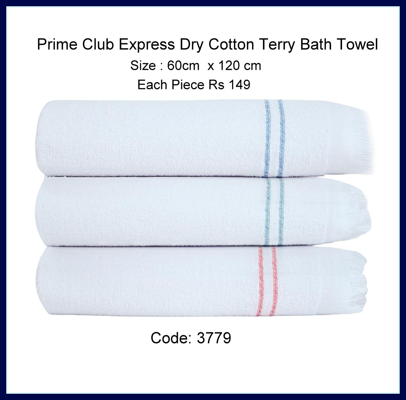 Prime Club Express Dry Cotton Terry Bath Towel - Super Absorbent, Multipurpose for Bath Towel, Hair Towel, Baby, Gym, Travel - 100% Long Staple Cotton, White with Colored Border Code:3779