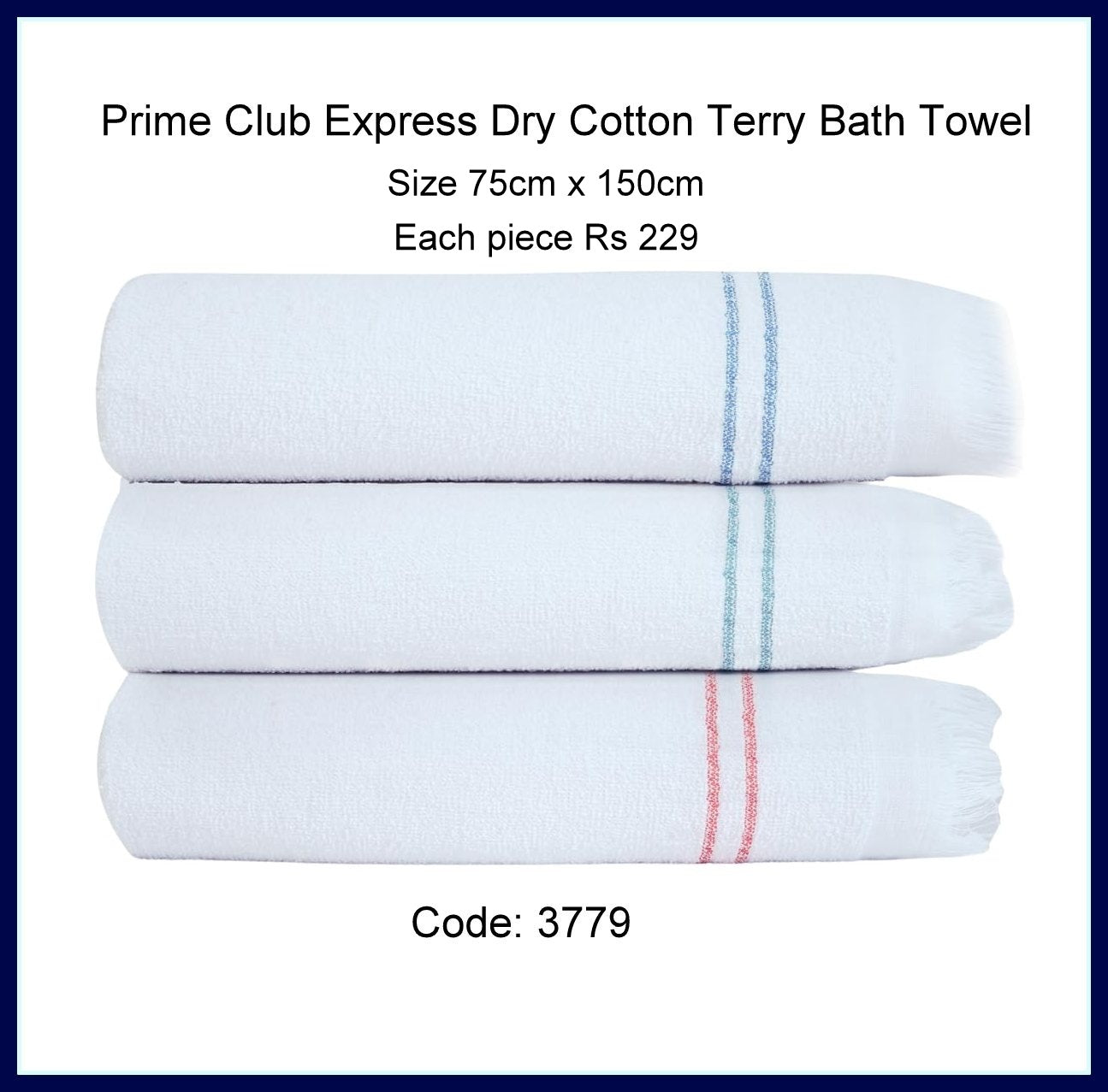 Prime Club Express Dry Cotton Terry Bath Towel - Super Absorbent, Multipurpose for Bath Towel, Hair Towel, Baby, Gym, Travel - 100% Long Staple Cotton, White with Colored Border Code:3779