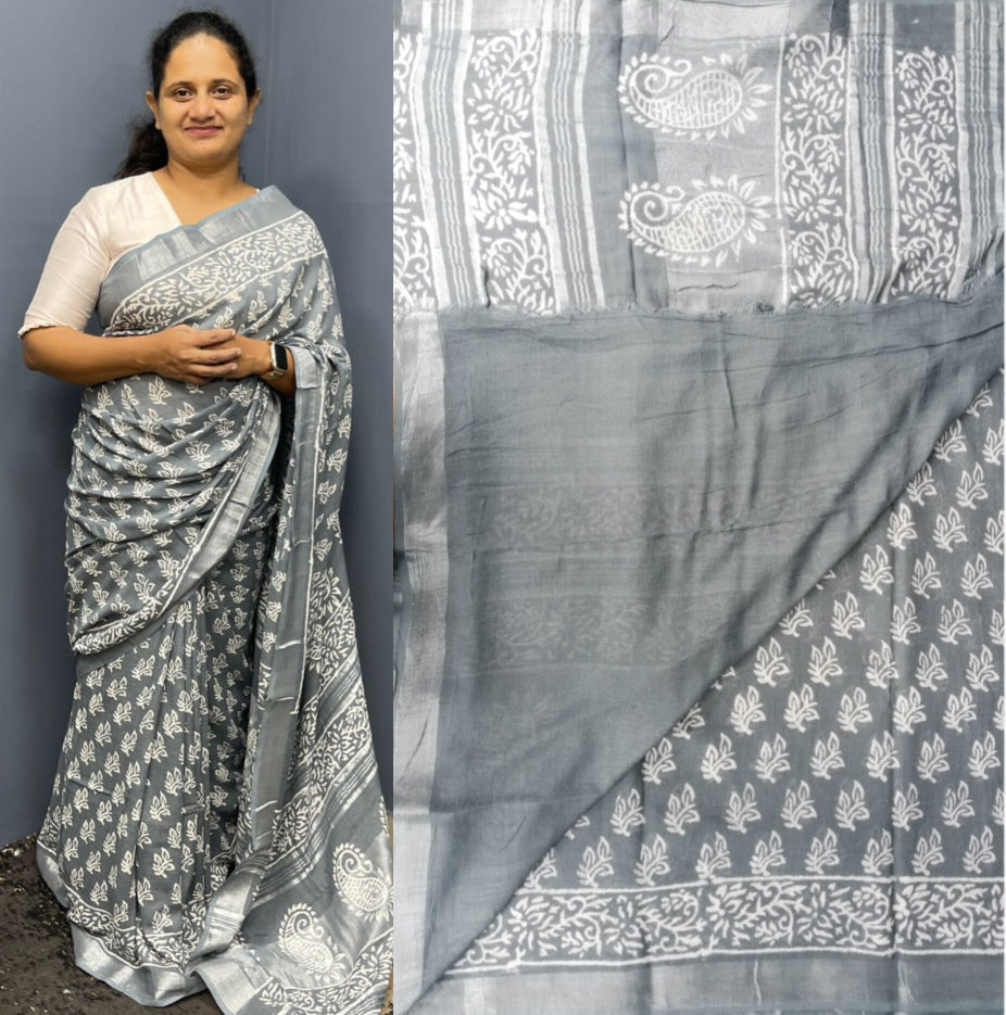 Saree Linen cotton with Block prints 9017