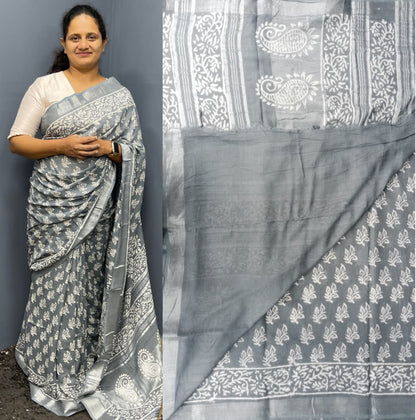 Saree Linen cotton with Block prints 9017