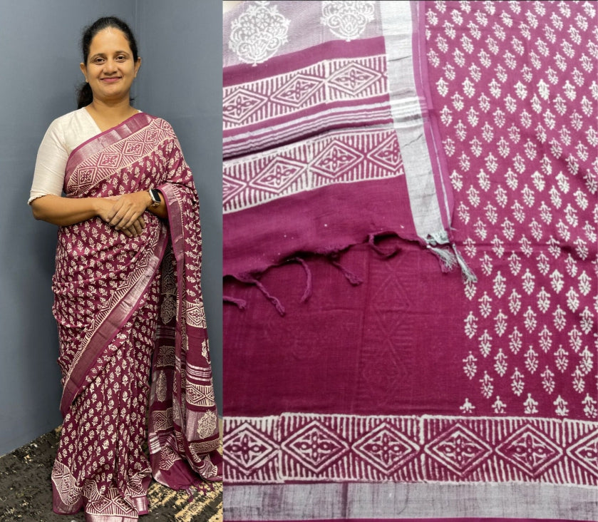 Saree Linen cotton with Block prints 9017