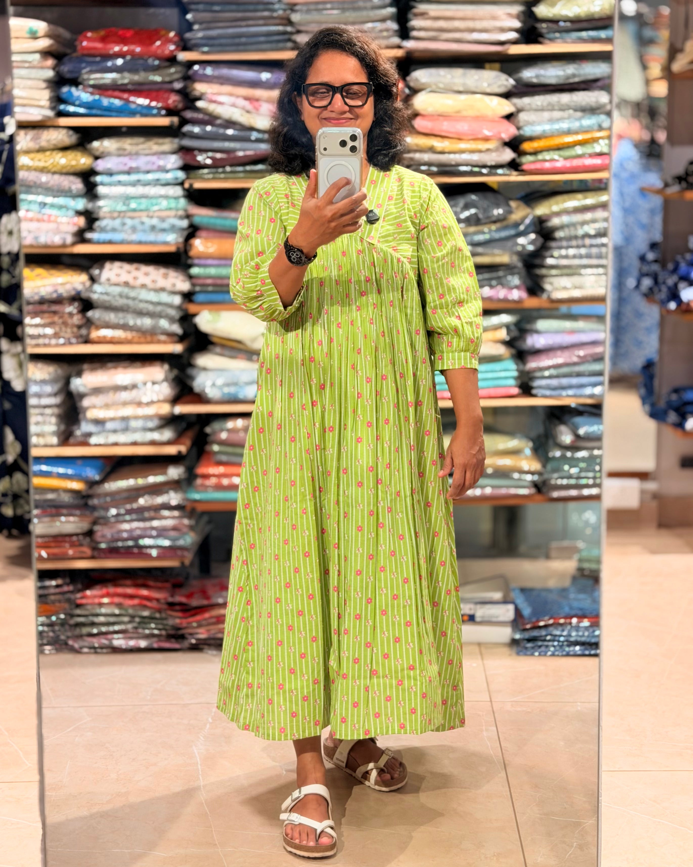 Green Floral Cambric Cotton Kurthi