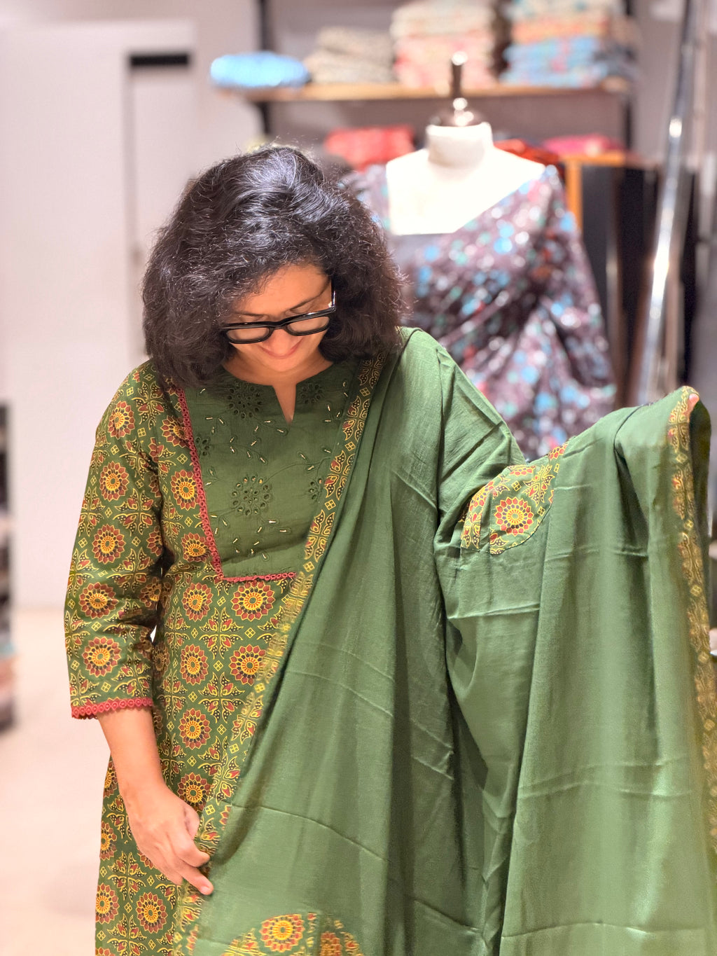 Ajrakh Ready-to-Wear Set with Dupatta – Green