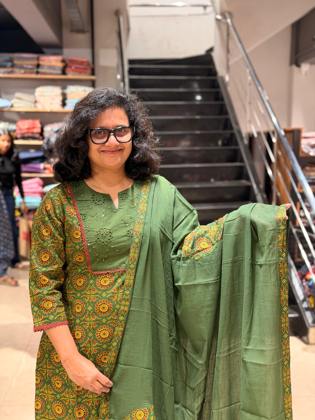 Ajrakh Ready-to-Wear Set with Dupatta – Green