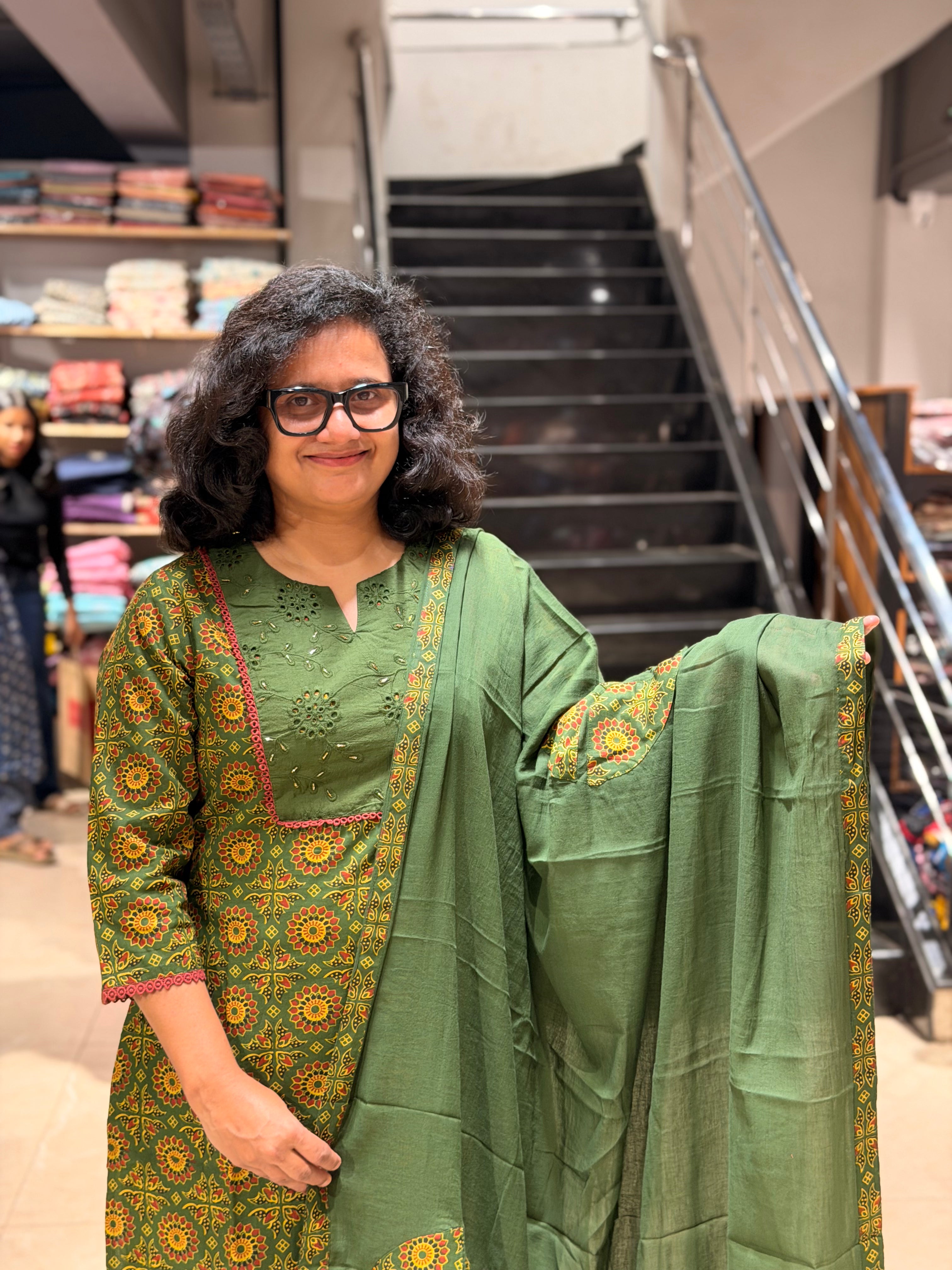 Ajrakh Ready-to-Wear Set with Dupatta – Green