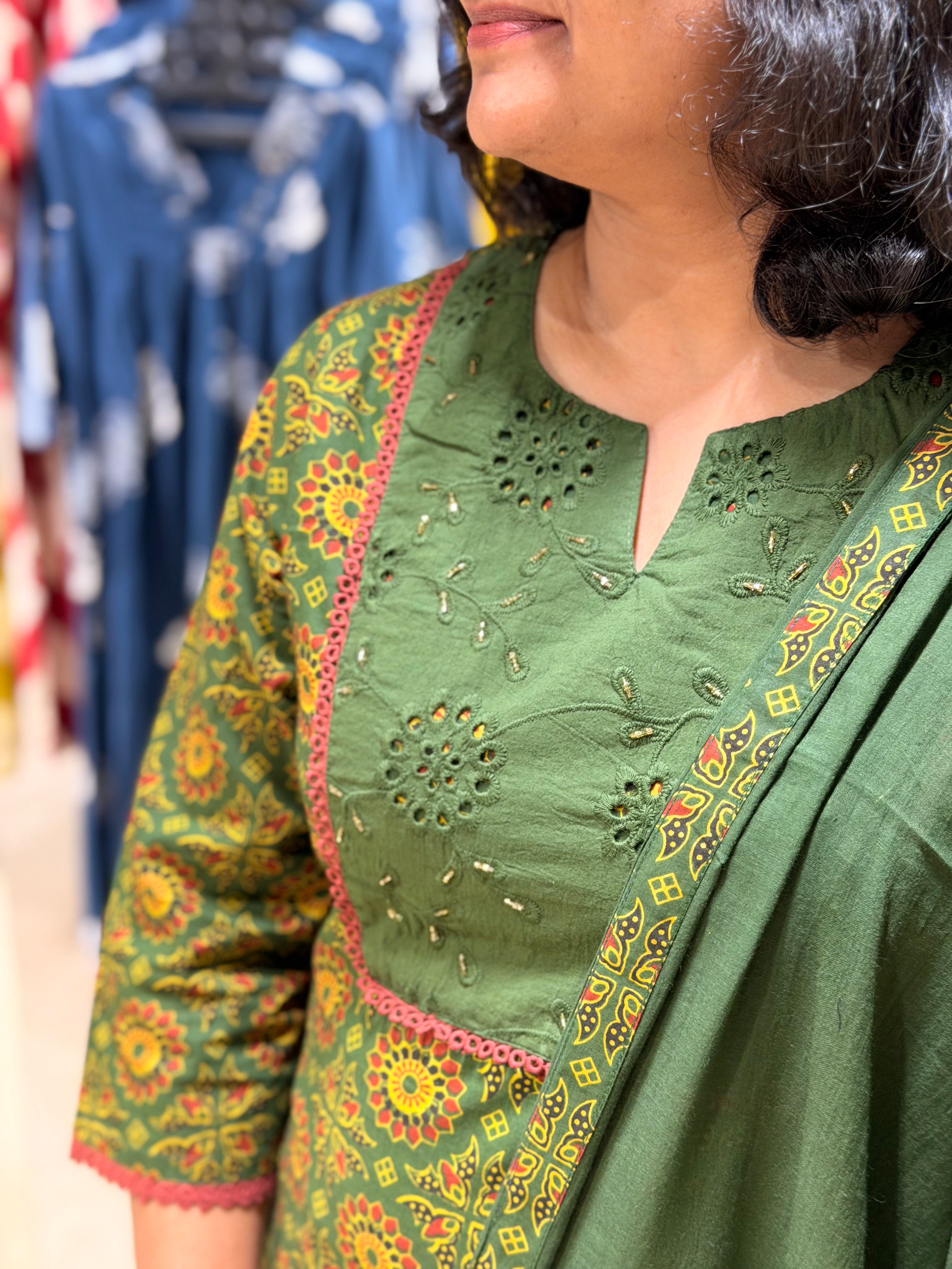 Ajrakh Ready-to-Wear Set with Dupatta – Green
