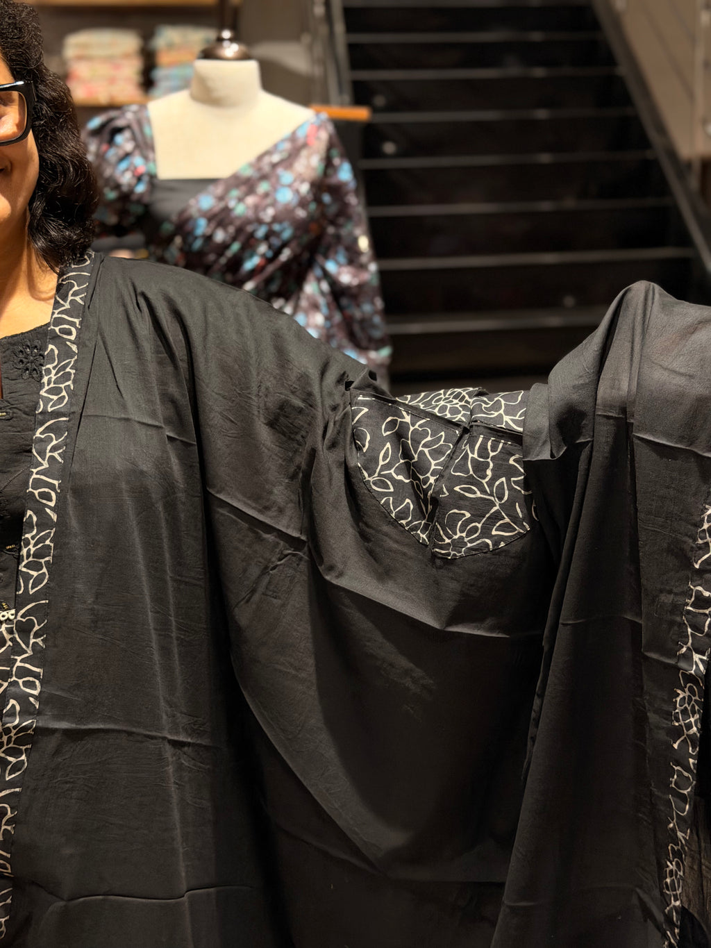 Ajrakh Ready-to-Wear Set with Dupatta – Black With White
