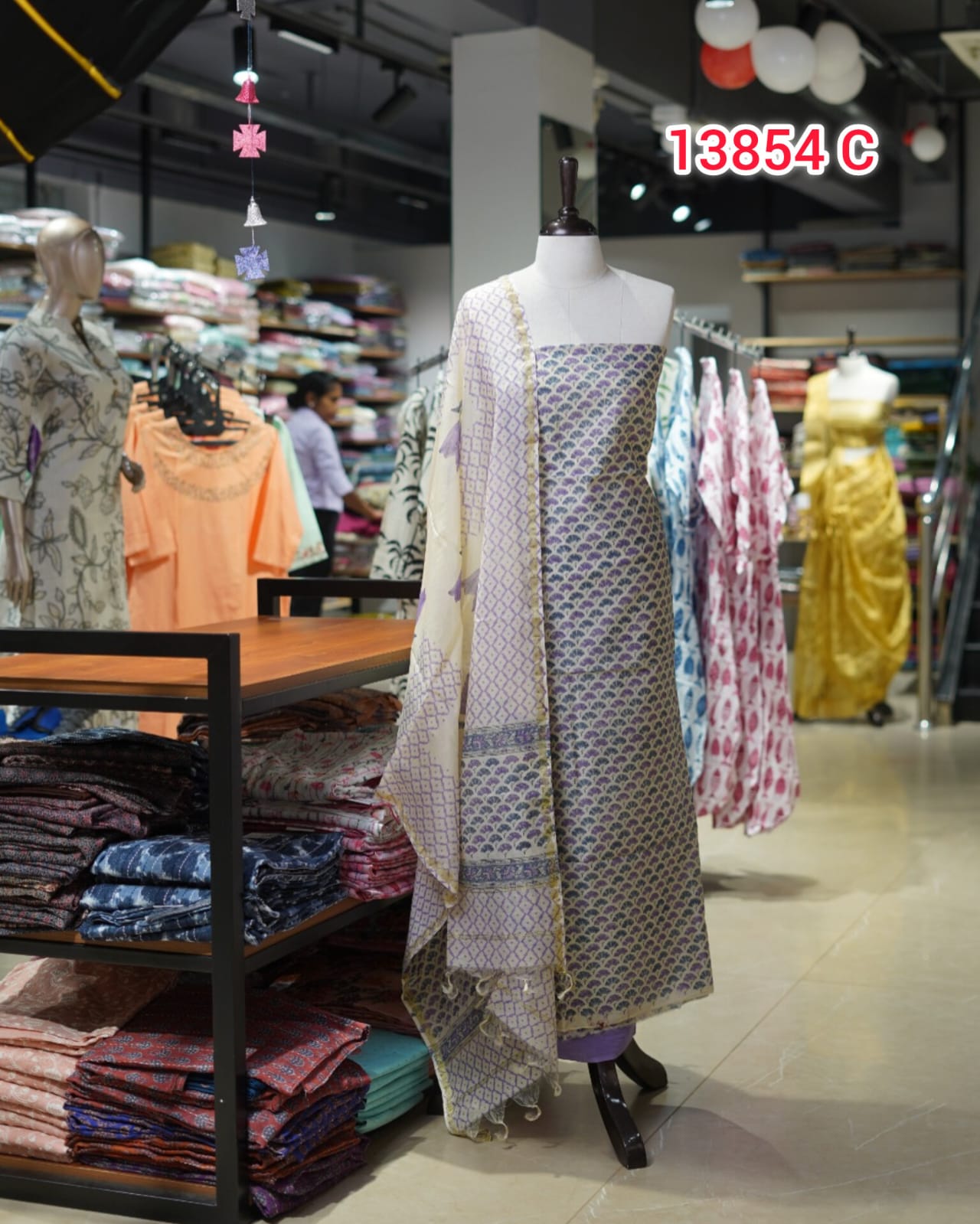 chandheri handblock printed  Unstitched Salwar Set    | Search Code 13854