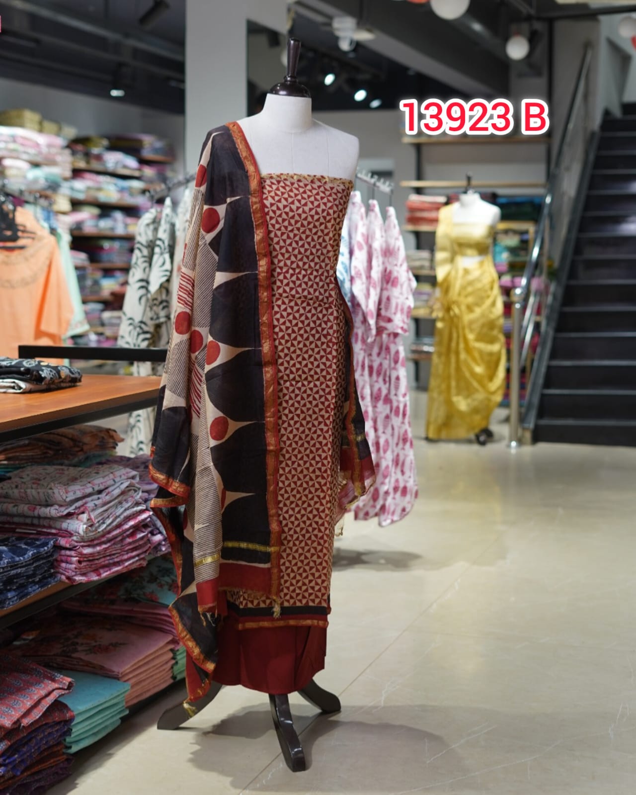 chandheri handblock printed Unstitched Salwar Set    | Search Code 13923