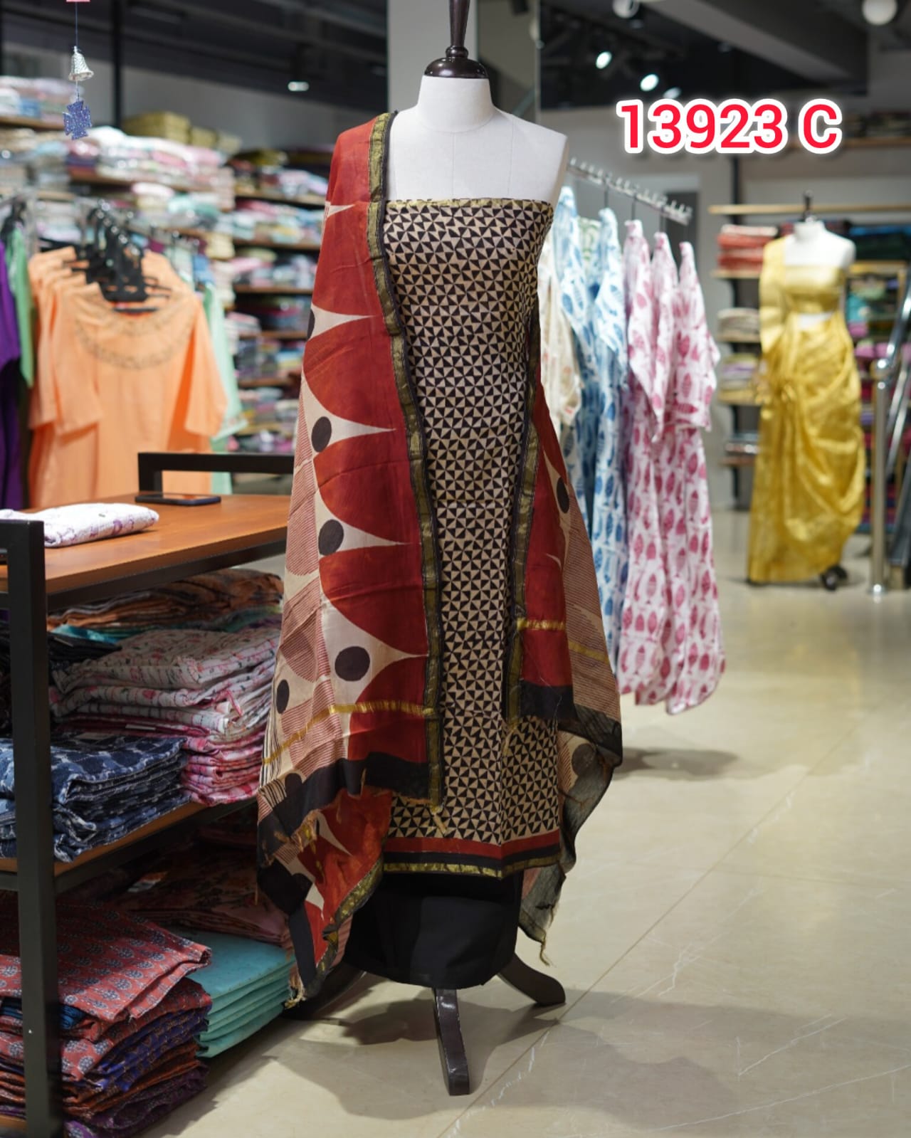 chandheri handblock printed Unstitched Salwar Set    | Search Code 13923