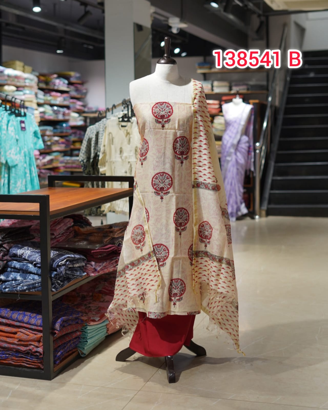 Pure Chanderi Silk Hand Block Unstitched Salwar Set  | Search Code 138541