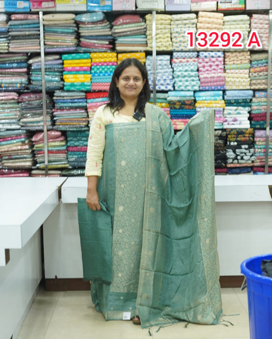 semi silk fabric and banaras weaving unstitched salwar set 13292
